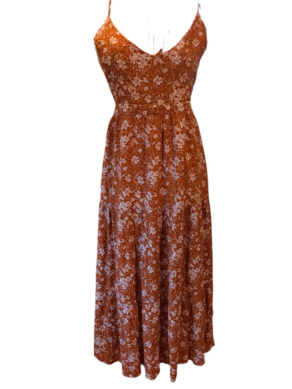Garance Paris Womens L Rust Orange White Floral Viscose Tiered Midi Dress Boho